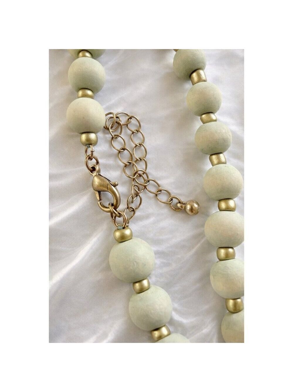 Wood Bead Necklace Sage Green Gold Double Heart Pendant - Picture 6 of 8